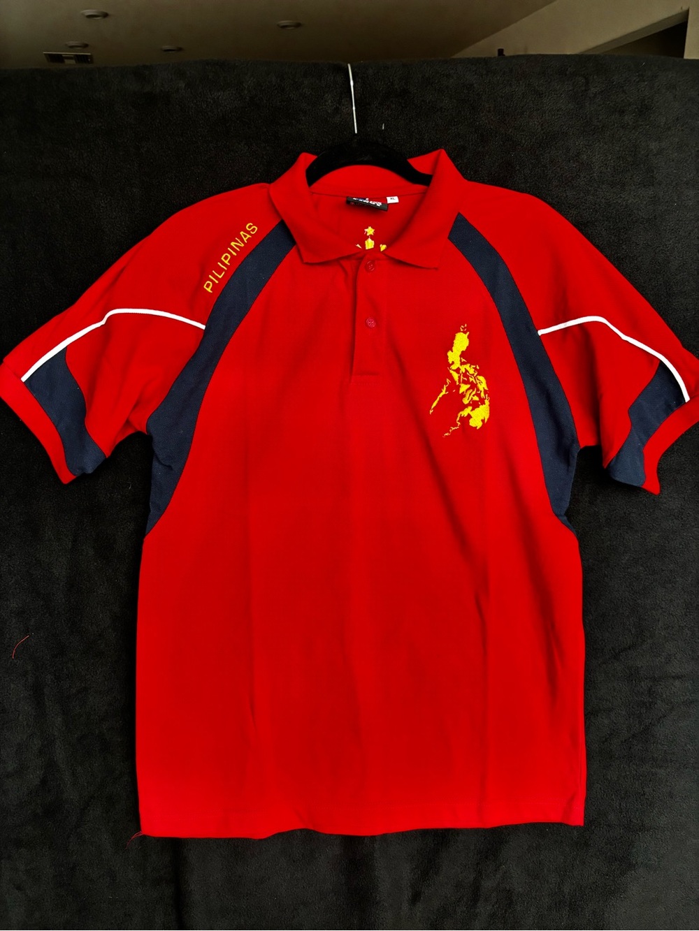Filipino Red Polo Shirt with Navy Accents and Gold Map Detail